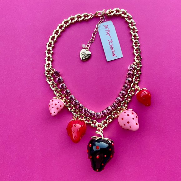 NWT Betsey Johnson Strawberry Necklace- Gold with Black, Red & Pink Strawberries - Picture 1 of 10